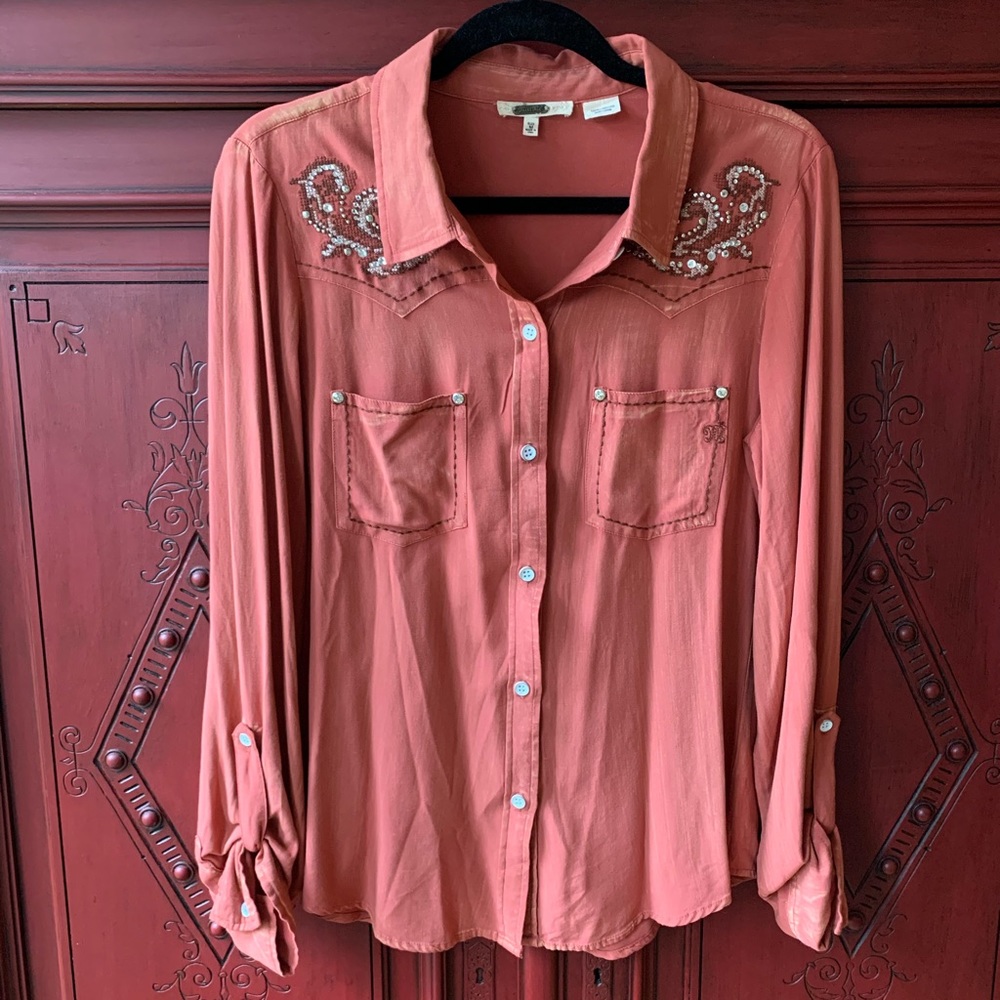 MISS ME Blouse Western Embellished Button Down Size M